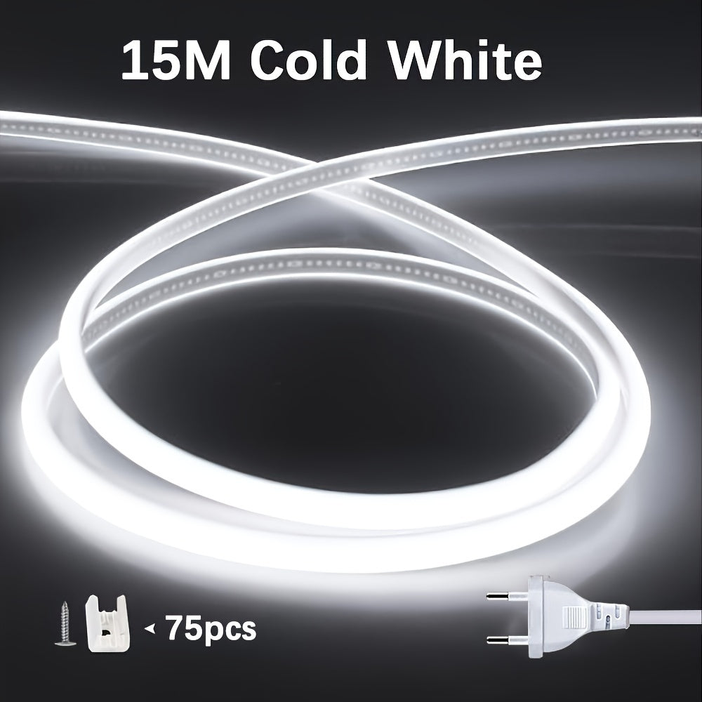 Flexible COB LED Strip Roll, 220V 12W/M High Brightness, Various Lengths, Energy Saving, Cuttable, Outdoor/Indoor Lighting, 1.2m Power Cord.