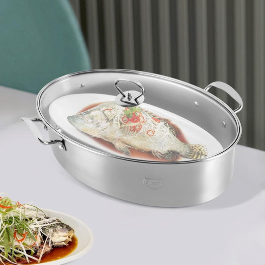 Multifunctional Stainless Steel Fish Steamer & Noodle Pot Set with Rack - Perfect for Cooking, Steaming, and Soup Making.