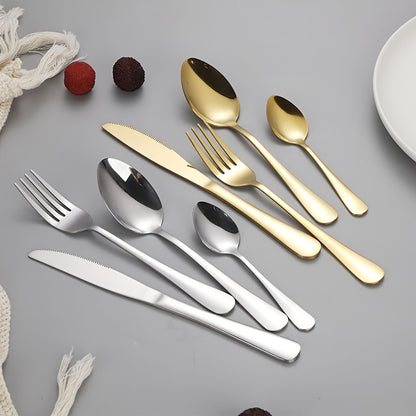 24-piece Golden Stainless Steel Cutlery Set with Metal Stand - Includes Steak Knives, Forks, Spoons - Ideal for Home, Restaurant, Party, Wedding.