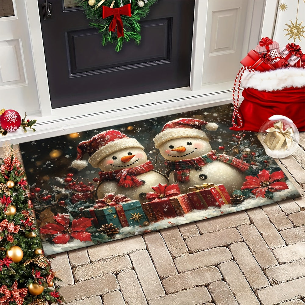 This durable Christmas Snowman Doormat is made of lightweight and washable braided polyester, with a non-slip rubber backing to keep it in place. Perfect for use in the home, living room, bathroom, or balcony. Machine-made for quality and featuring