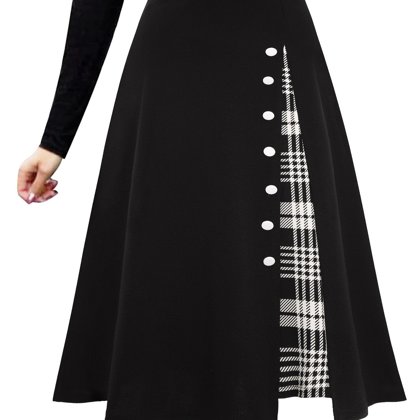 One elegant A-line skirt for women made of polyester knit fabric in a solid color, suitable for all seasons.