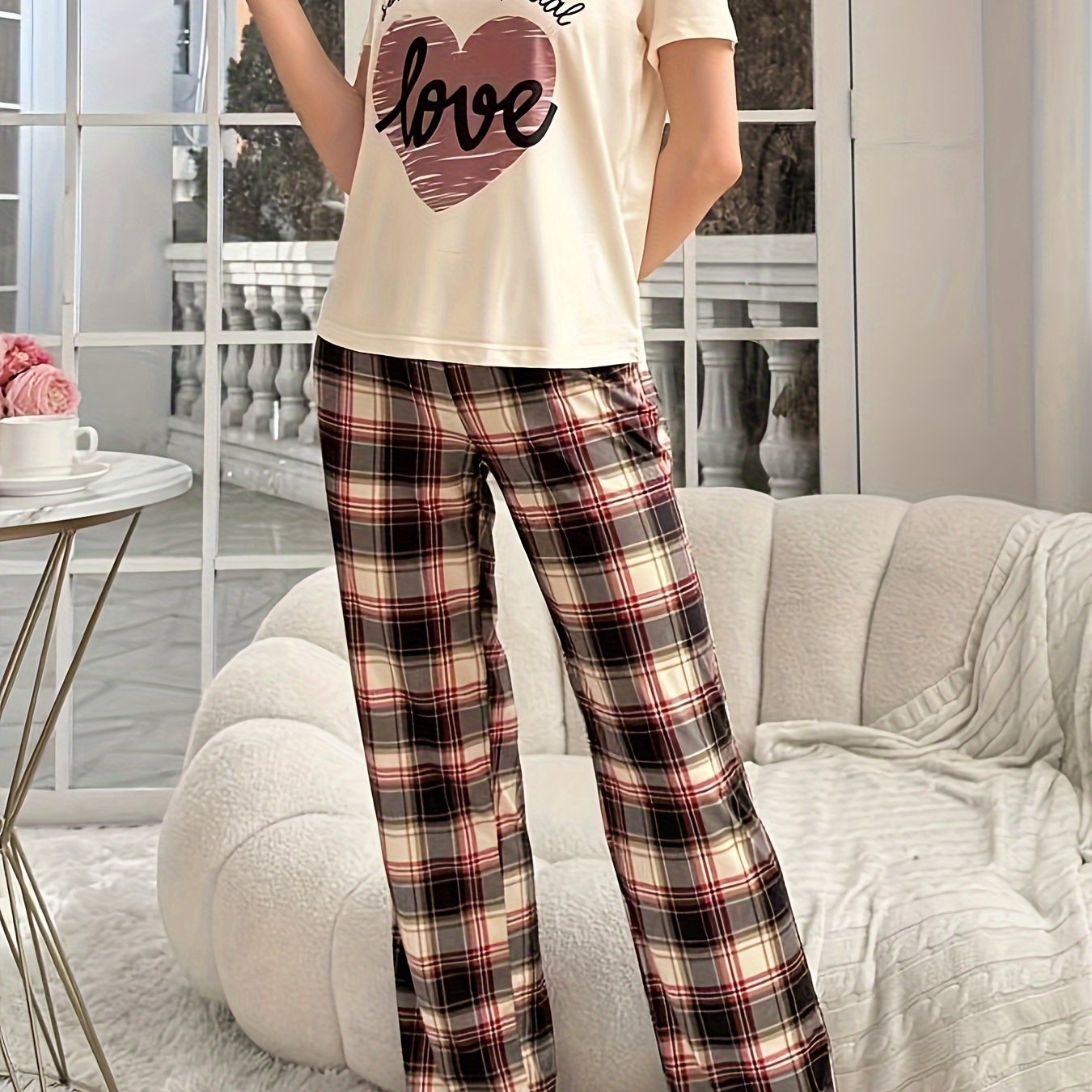 Casual Heart & Letter Print Pajama Set for Women, Short Sleeve Top & Plaid Pants, Relaxed Fit.