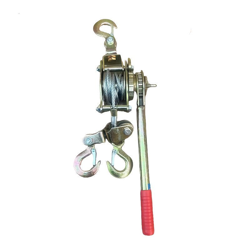 Portable manual winch for heavy-duty cable pulling, cargo binding and tightening, featuring 2 hooks. Includes steel wire rope and tire reinforcement for equipment transport.