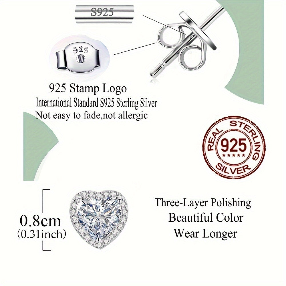 An Elegant Jewelry Set for Women, adorned with a Romantic Heart Design crafted from 925 Sterling Silver, weighing 5.7g/0.201oz. This stunning set features low allergenic properties and is embellished with sparkling White Cubic Zirconia in a Three-Prong