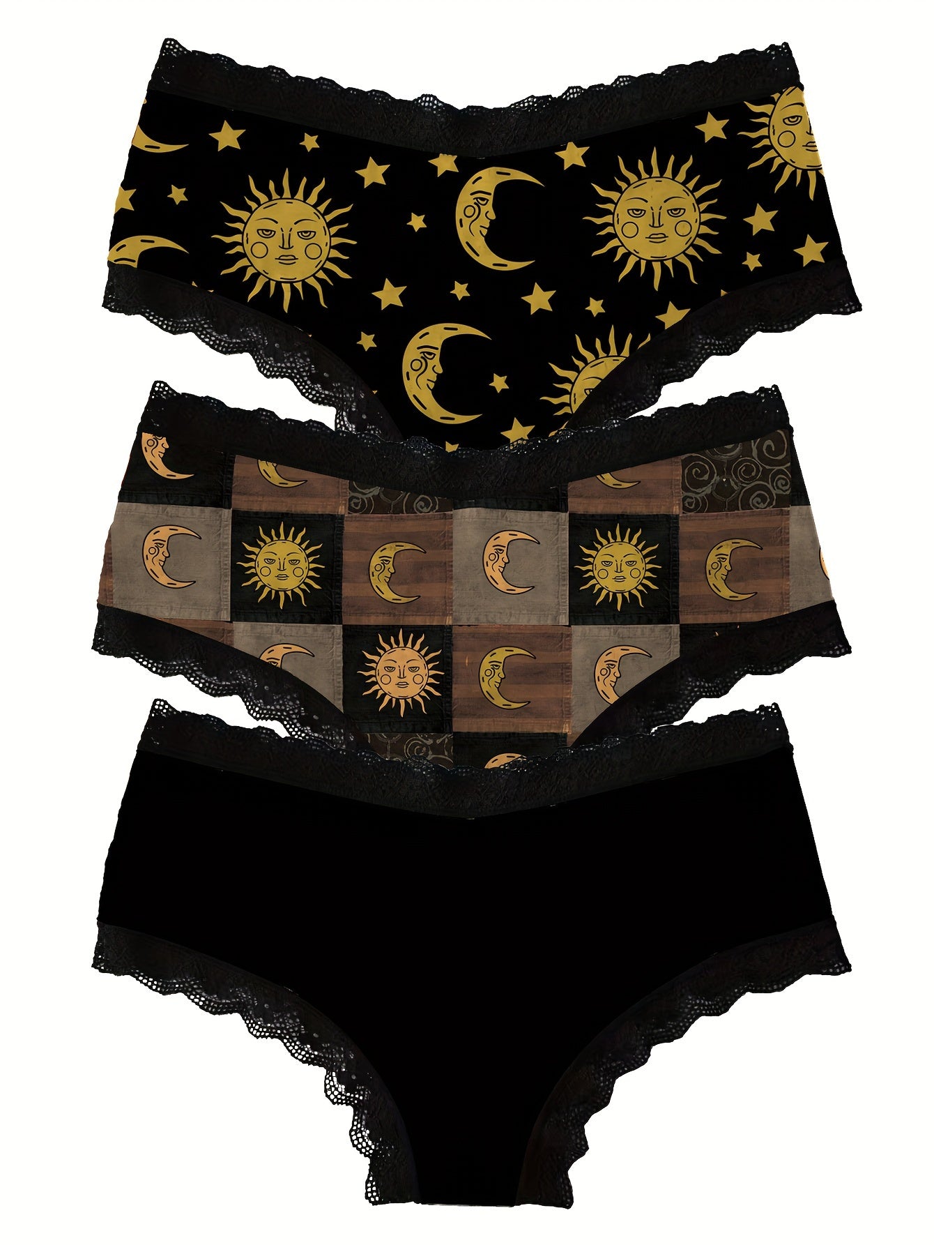 Moon & Sun Print Lace Trim Briefs - Comfy, Breathable, Stretchy Intimates for Women