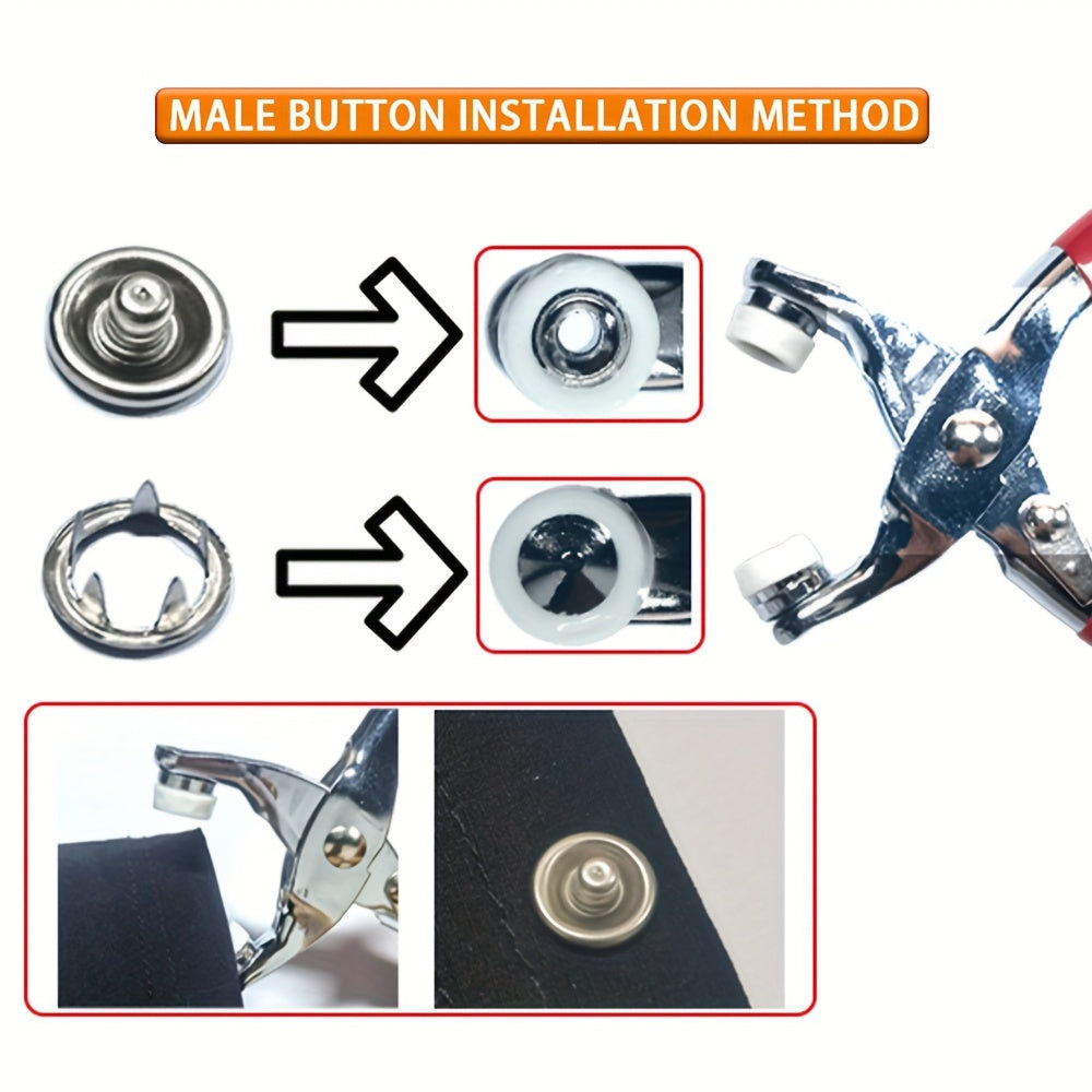 Set includes 200 metal sewing buttons and snap fastener pliers for easy clothes buckle installation.