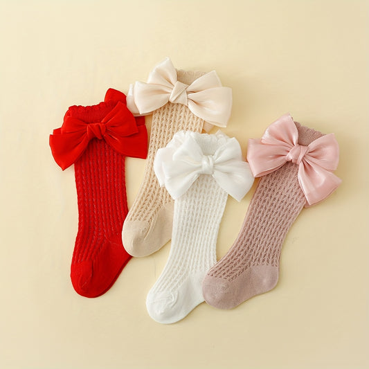 4 pairs of baby bow mesh knee-high socks for kids