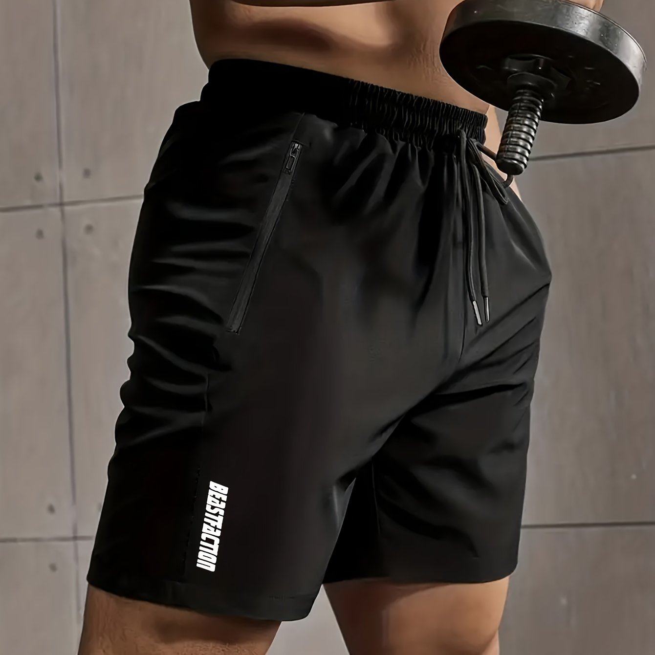 Solid men's shorts with zipper pockets, elastic waist drawstring for summer fitness.