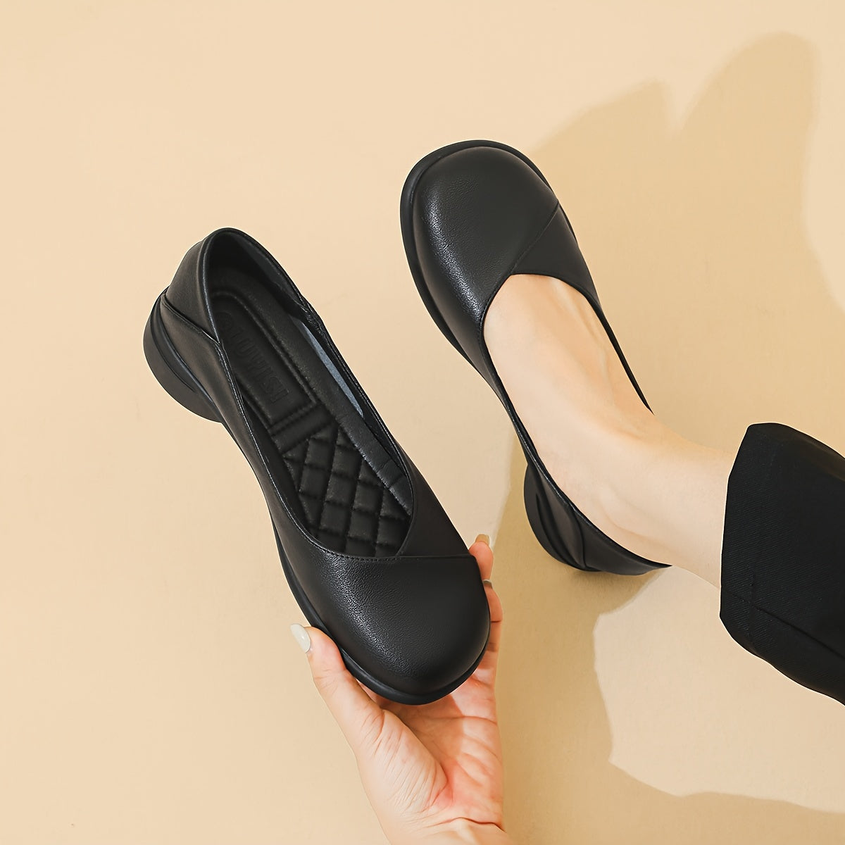 Minimalist women's dress shoes: Lightweight microfiber flats with round toe, solid color, rubber sole. All-season work footwear, no need to wash. Crafted in Huizhou.