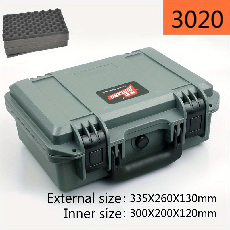 Portable plastic safety protection box for instruments, cameras, and tools. Waterproof and shockproof with sponge padding.