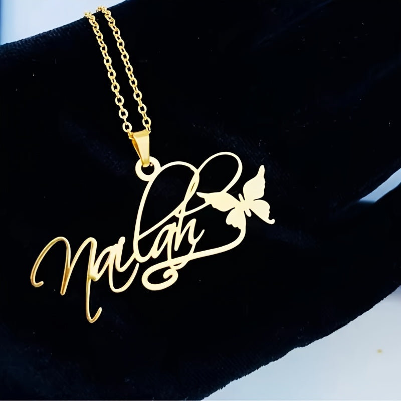 Customized 18K Gold-plated Butterfly Name Necklace for Her: Featuring 316L Stainless Steel, Removable Ribbon Heart Nameplate, Chic Party Look, Perfect for Everyday or Vacations, Ideal Christmas Present, Versatile Jewelry for any Occasion.