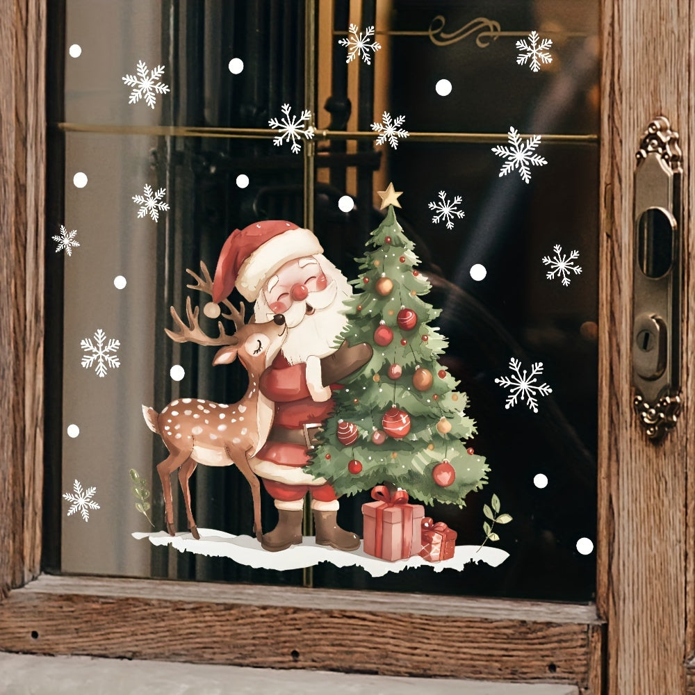 One piece of Christmas Window Cling featuring Cartoon Santa & Reindeer Snowflake Tree design, measuring 38.1X38.1cm. Made of PVC, this decoration is waterproof, removable, static cling, and reusable, perfect for glass door decoration.