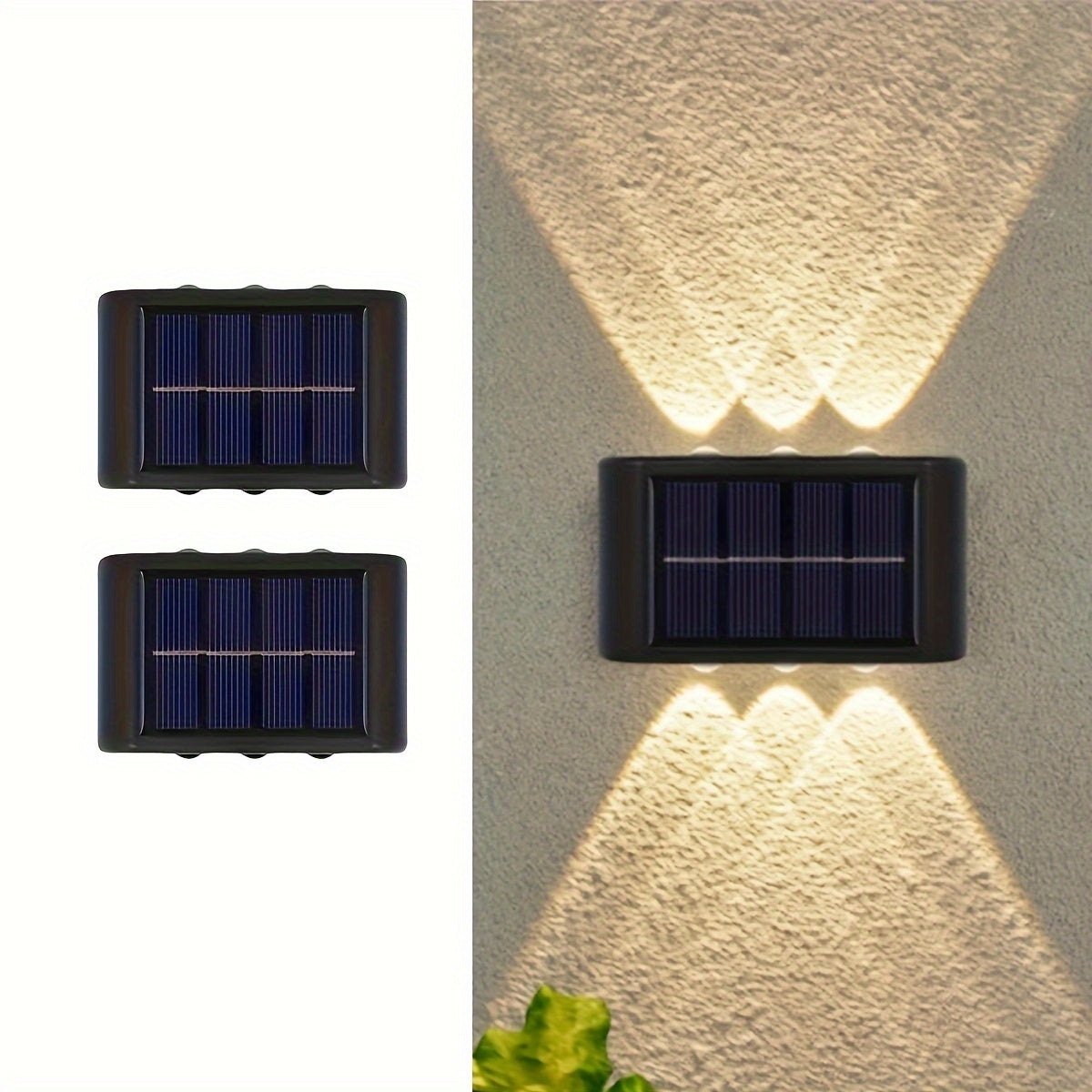 Outdoor 2-Pack Solar Wall Lights, 6LED Warm and Cold Dual Color, Intelligent Light Control, Plastic Shade, Solar Powered, Nickel Battery, for Garden, Courtyard, Street Landscape, Wedding