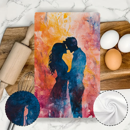 Set of 2 Romantic Sunset Love Silhouette Kitchen Towels - Luxuriously soft and absorbent polyester hand towels, easy to clean in washing machine, size 40.64x60.96 cm - Beautiful watercolor design adds a pop of color to your home décor, perfect for drying