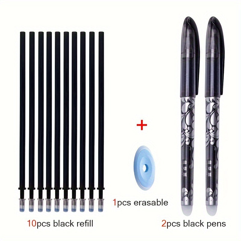 13-piece set of Black/Blue Ink Erasable Gel Pens with 0.5mm tip for office and school use.