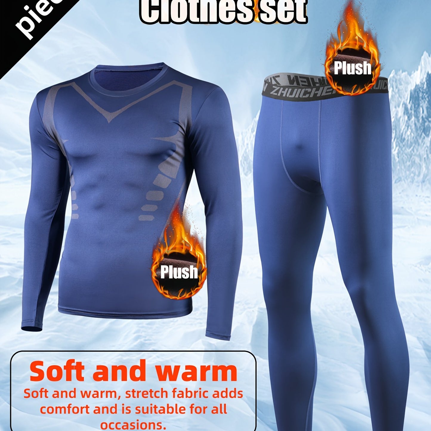 Men's fleece-lined athletic set in blue for running and gym workouts during autumn/winter.