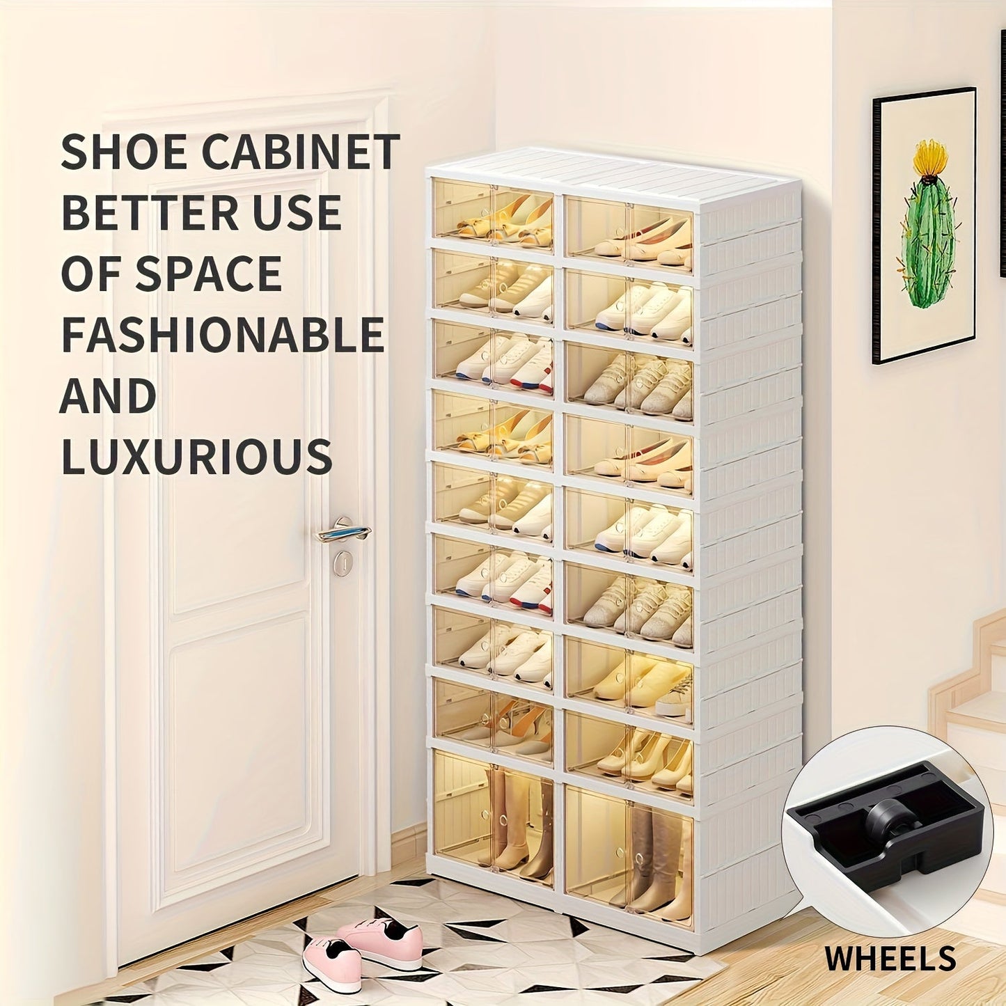 1 piece of a foldable shoe rack with 6/9 tiers for organizing your shoes in the closet. Made of durable plastic, this collapsible shoe shelf comes with a stackable clear shoe box with a door for easy access. This shoe cabinet is easy to assemble and is