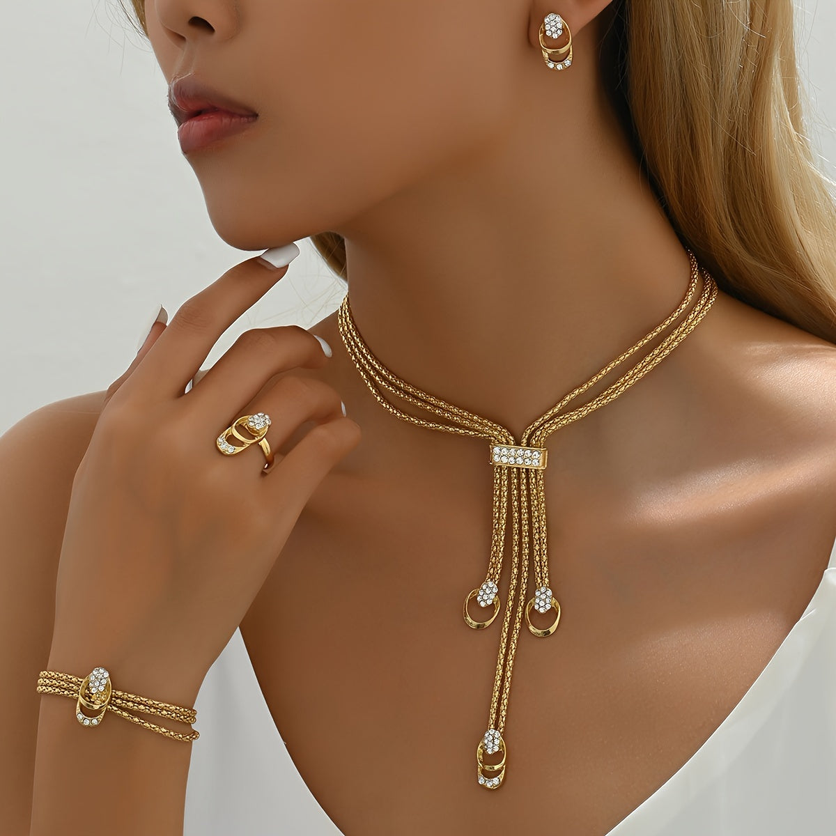 Stylish 5-Piece Jewelry Set featuring Rhinestone Fringe Detail - Includes Zinc Alloy Necklace, Earrings, and Ring Set for Women. Perfect for adding a touch of sophistication to your vacation wardrobe or everyday outfits. Ideal for both daily wear and