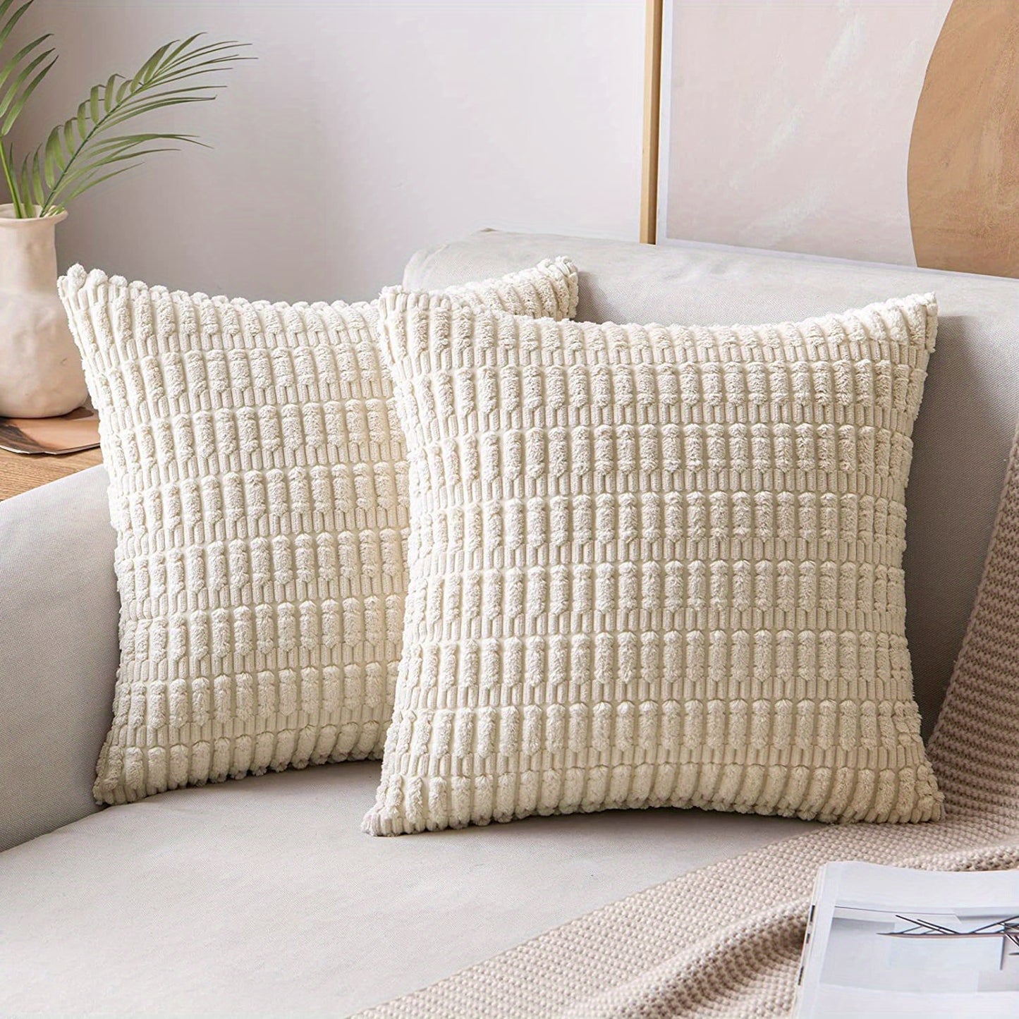 Reversible corduroy throw pillow cover with soft boho striped design, machine washable, zipper closure. Woven polyester, ideal for contemporary farmhouse home decor in sofa and living room. Size: 45.72x45.72 cm.