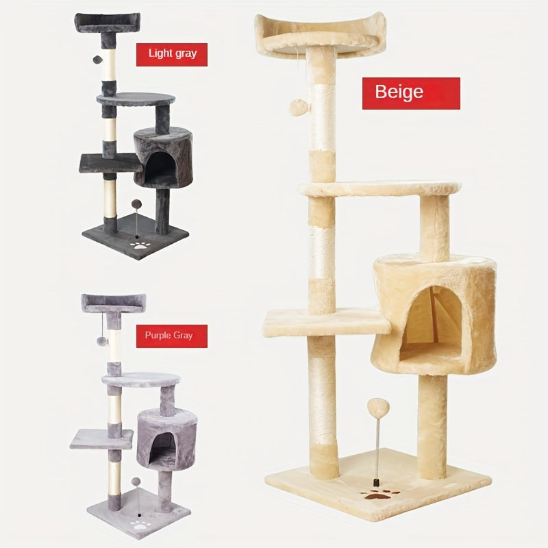 Premium wood fiber cat climbing tower for indoor cats, with scratching posts, cozy condo, and hanging toys.