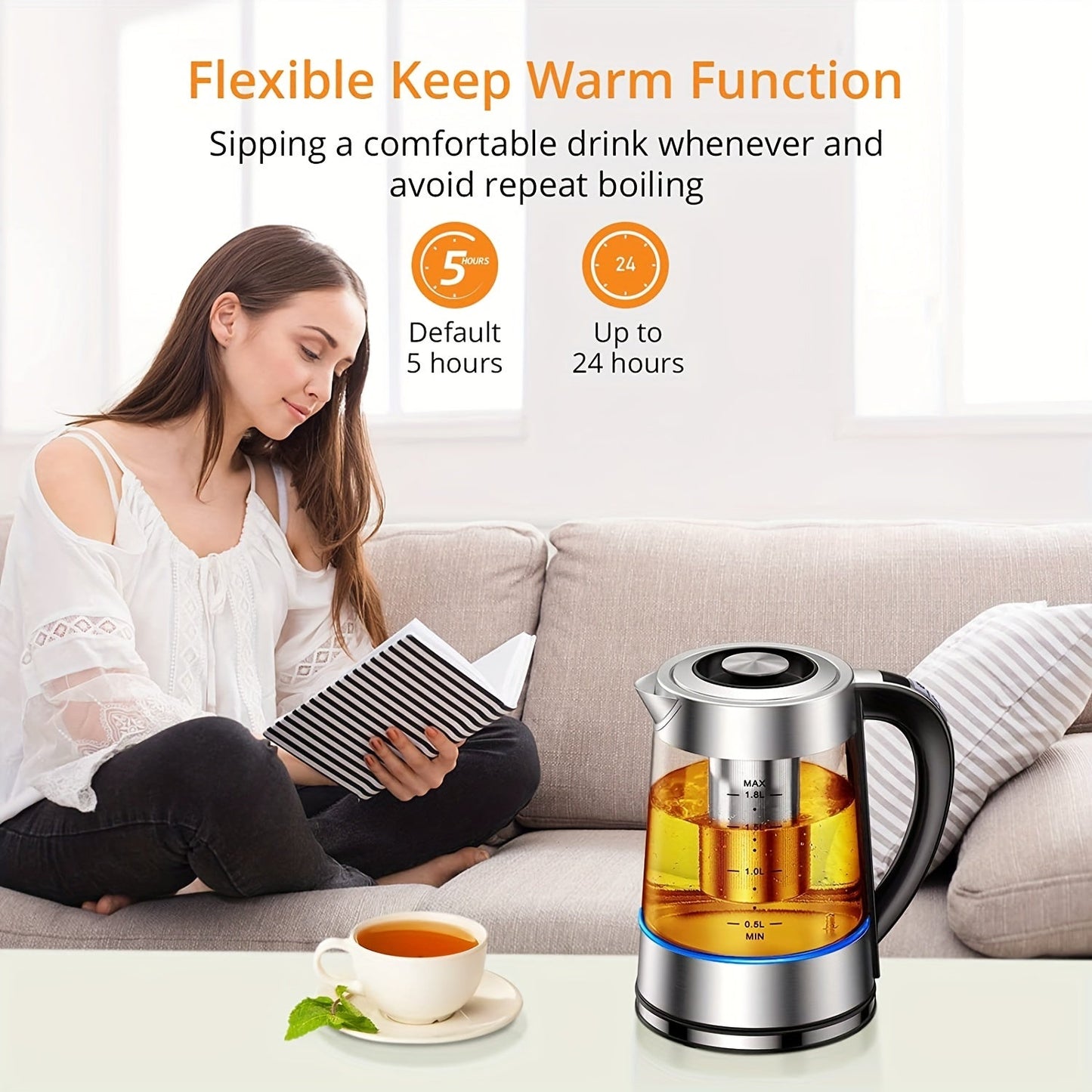 1 piece of a 1.8L Electric Glass Kettle with 12 temperature controls and up to 24 hours insulation. This electric kettle is suitable for making tea, coffee, and milk powder, and comes with a stainless steel strainer and inner lid. It can be used on a