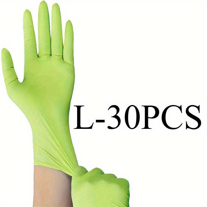 Grass Green Nitrile Gloves, available in packs of 30, 50 or 100. These disposable gloves are ideal for a variety of tasks including food processing, cleaning, pet bathing, dishwashing, hairdressing, nail art, DIY projects, and household kitchen and