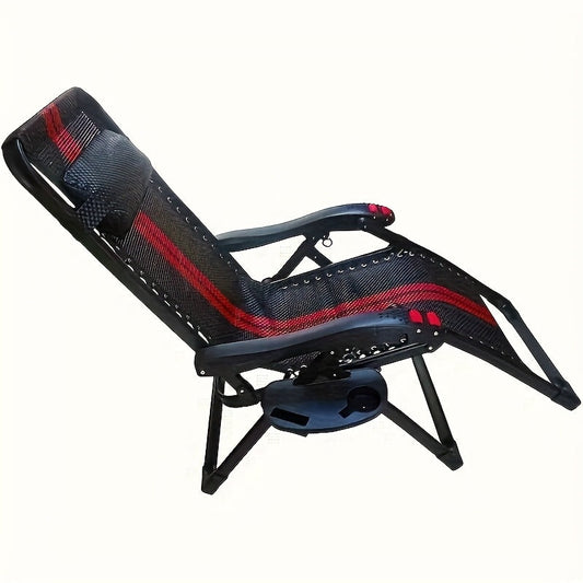 Black Folding Lounge Chair with Cup Holder Tray - Portable Side Table for Beverages & Snacks, Durable and Ideal for Outdoor Use. Made of Plastic, No Electricity Needed. Perfect for Beverage and Snack Storage.