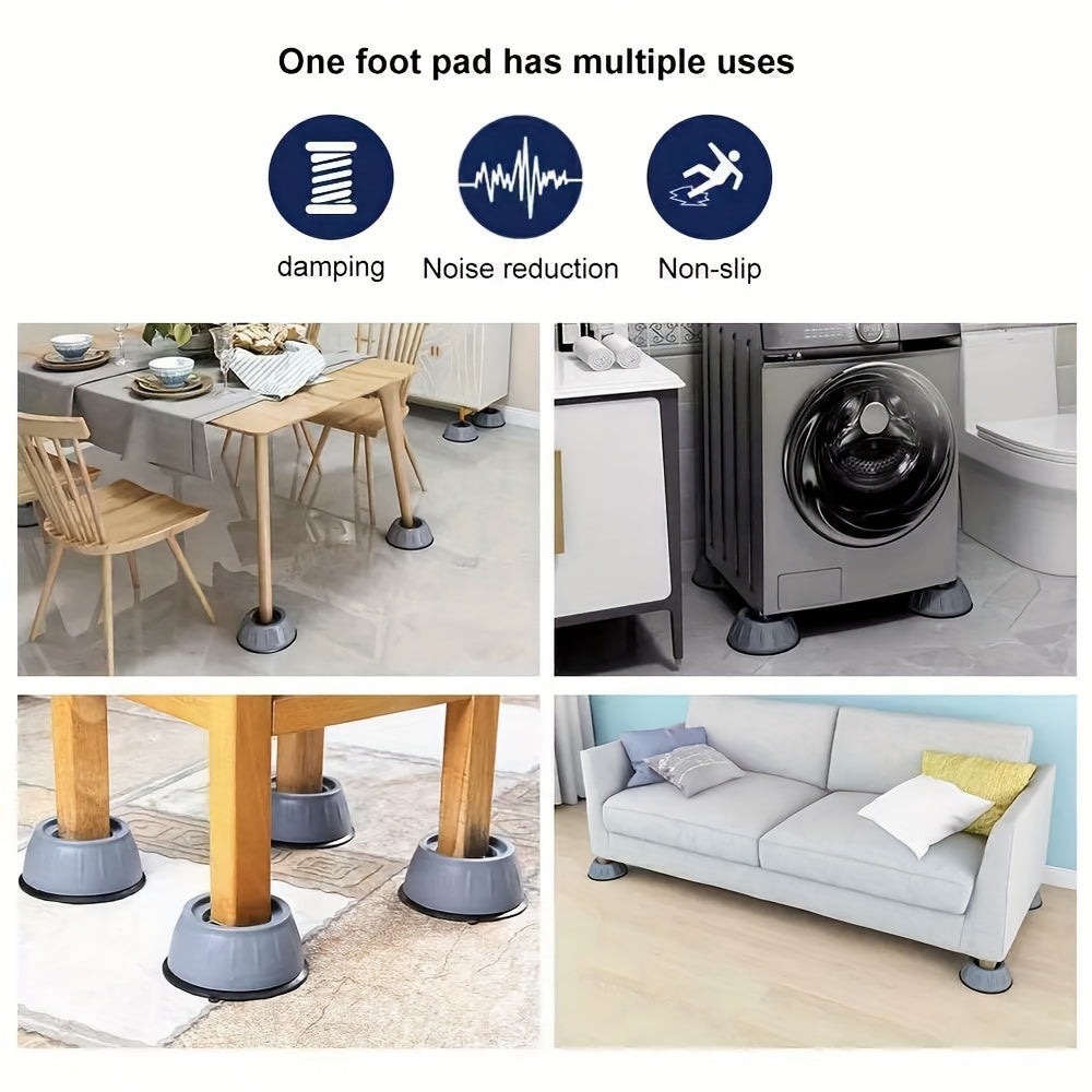 Four large anti-vibration pads made of durable plastic material dampen shock and cancel noise for washing machine stability, reducing vibration and noise.