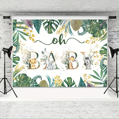 Gender-neutral Jungle Safari backdrop for a shower or birthday party, featuring golden accents, green leaves, and adorable animal illustrations. Dimensions 213.36x152.4cm.