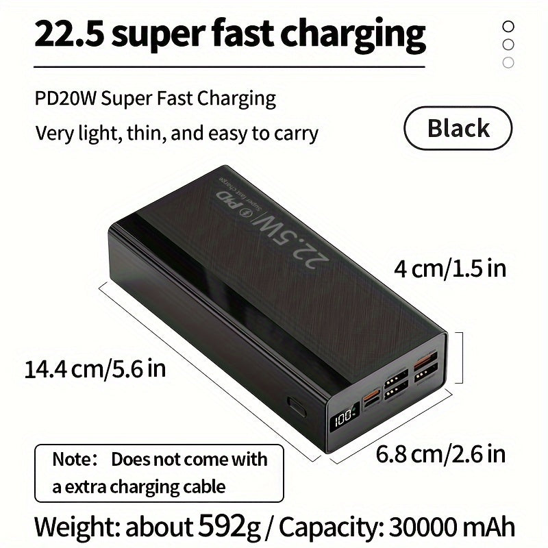 Large capacity power bank with fast charging capabilities, multiple input/output interfaces, intelligent battery display, and compatibility with various mobile devices. Ideal for outdoor