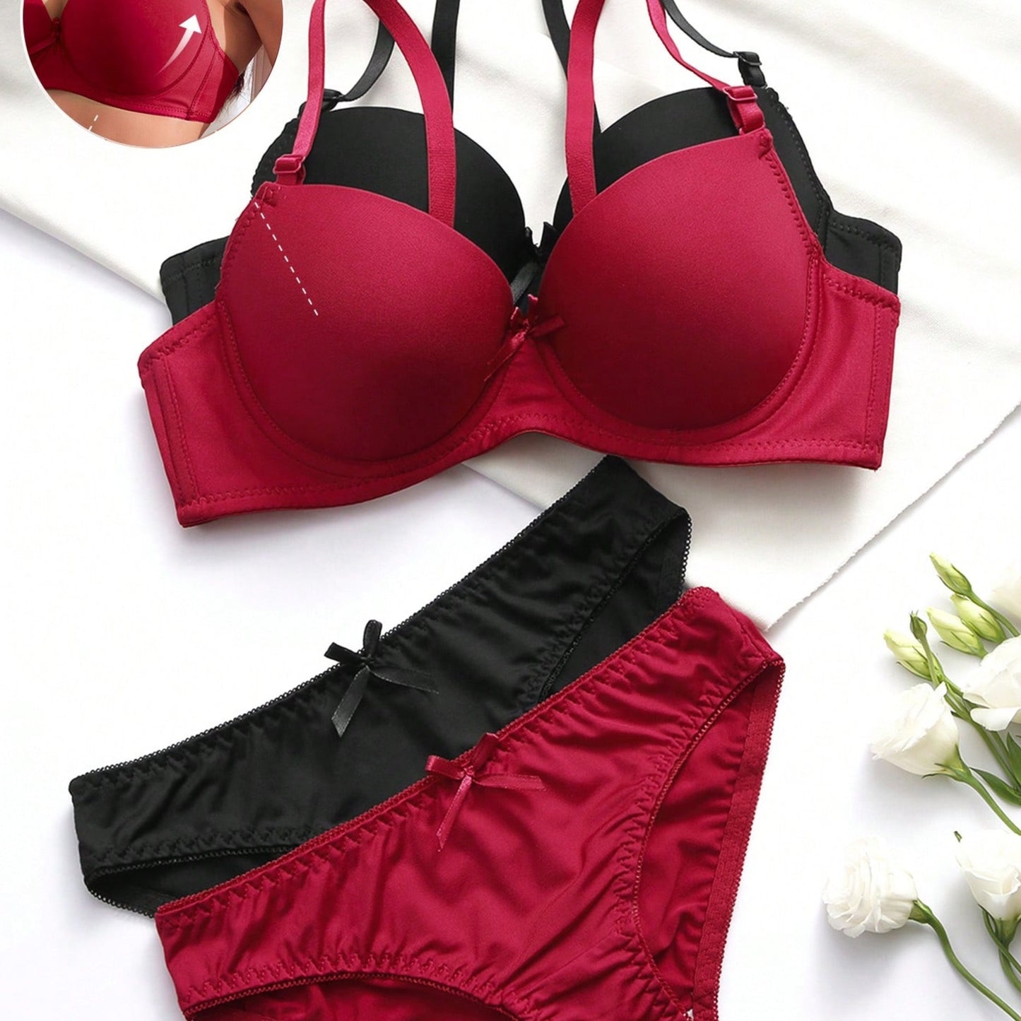 Glossy steel ring bra and lingerie set in plain color, 2-piece.