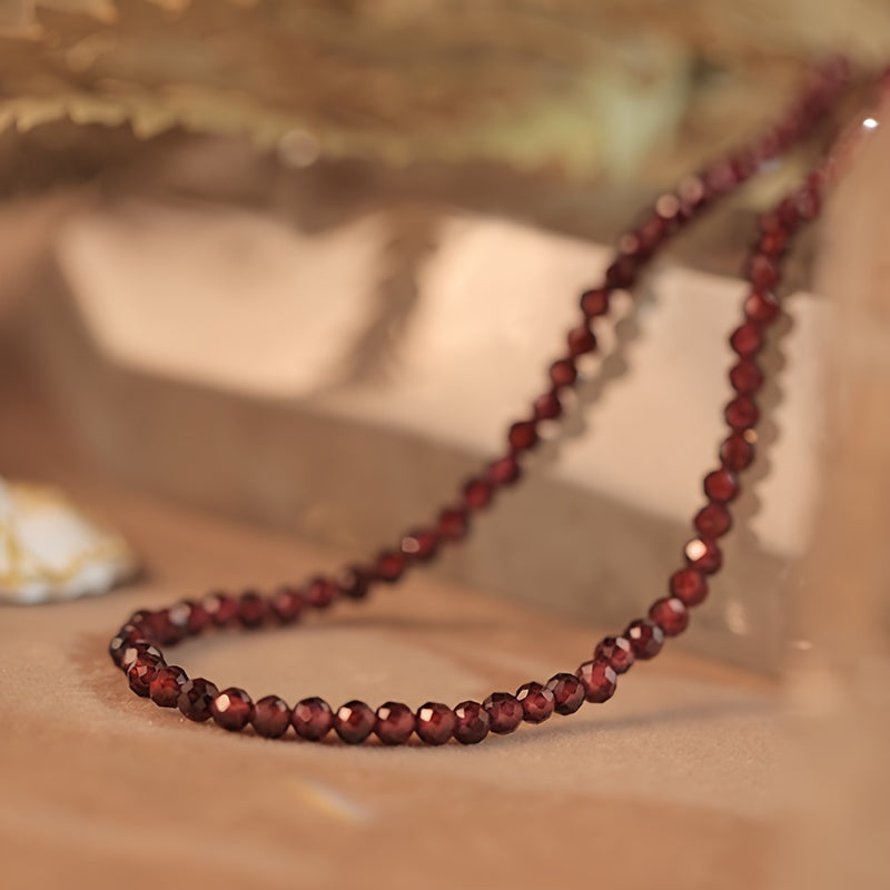 Handmade Garnet Jewelry Set with Simple Boho Style - Includes Faceted Crystal Beaded Necklace and Bracelet - Perfect for Daily Wear and Gifting - Natural Gemstone Birthstone - Hypoallergenic - Dual Layer Silk Thread for a Stunning Wine Red Look.