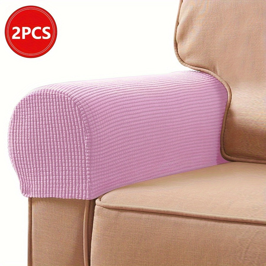 2 Stretch Armrest Covers made of durable spandex blend with plush texture. Scratch & dust resistant, and machine washable. Fits single to four-seater sofas & recliners in various colors.