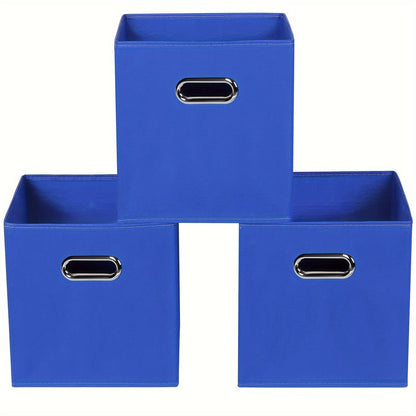 6 pieces of foldable fabric storage bins with handles are available in classic cube designs for organizing your home, bedroom, or office. Choose from black, blue, or cream options.