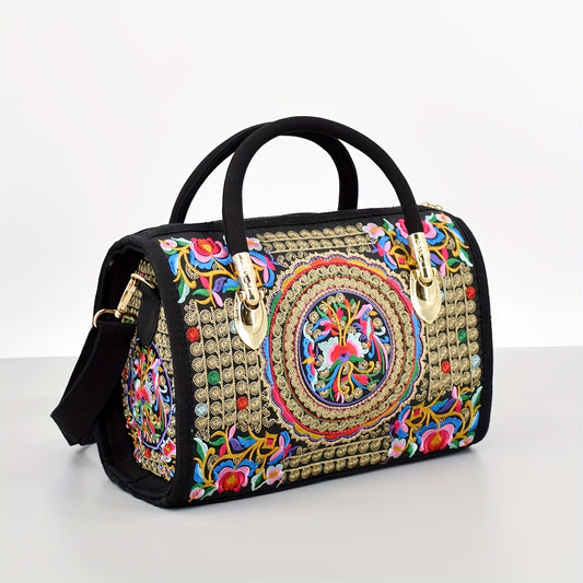 Vintage embroidered Boston bag with retro bohemian tote style for women.