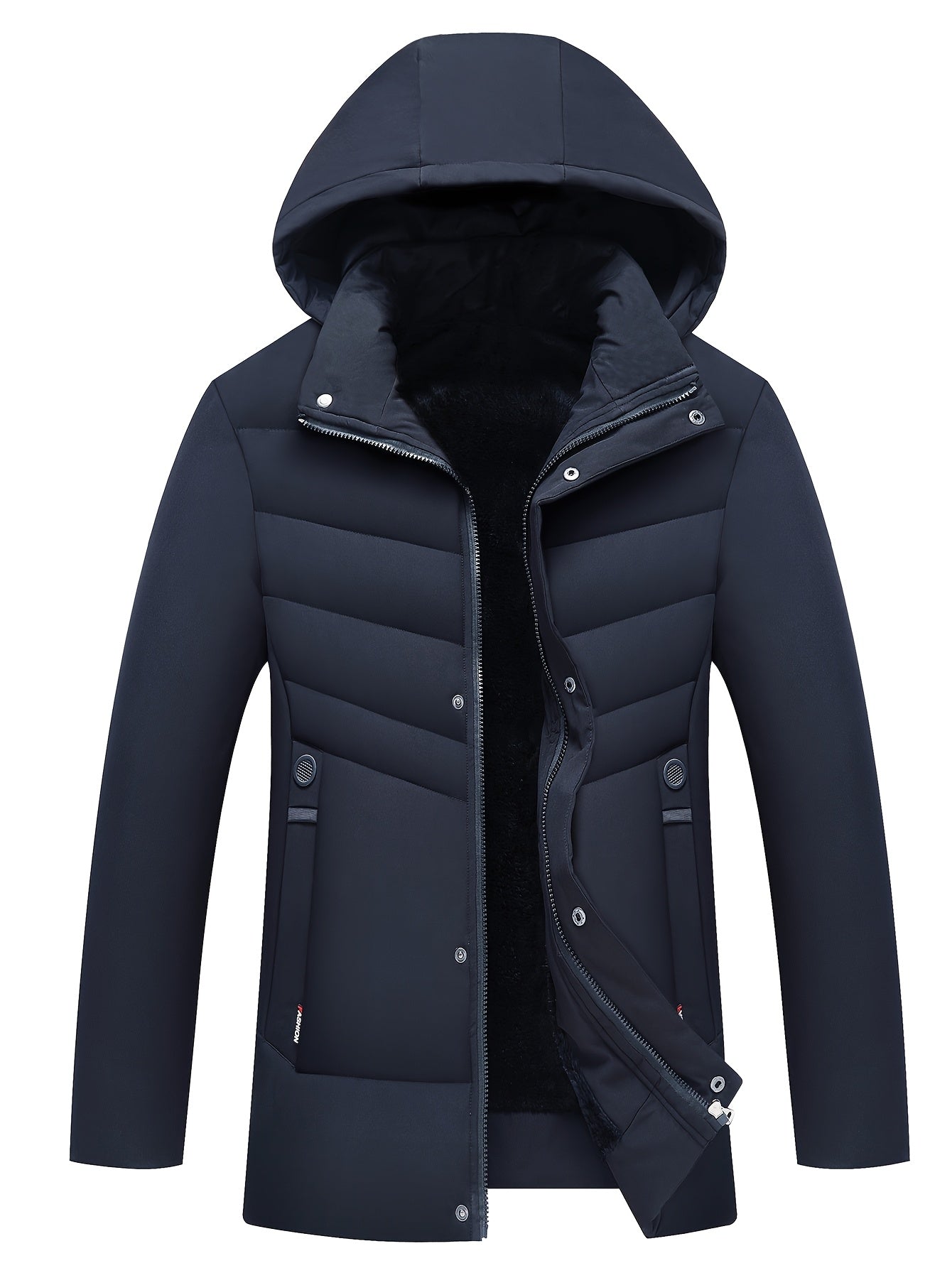 Men's navy blue fleece-lined mid-length jacket with a loose fit, zip-up hood, and pockets for fall/winter.