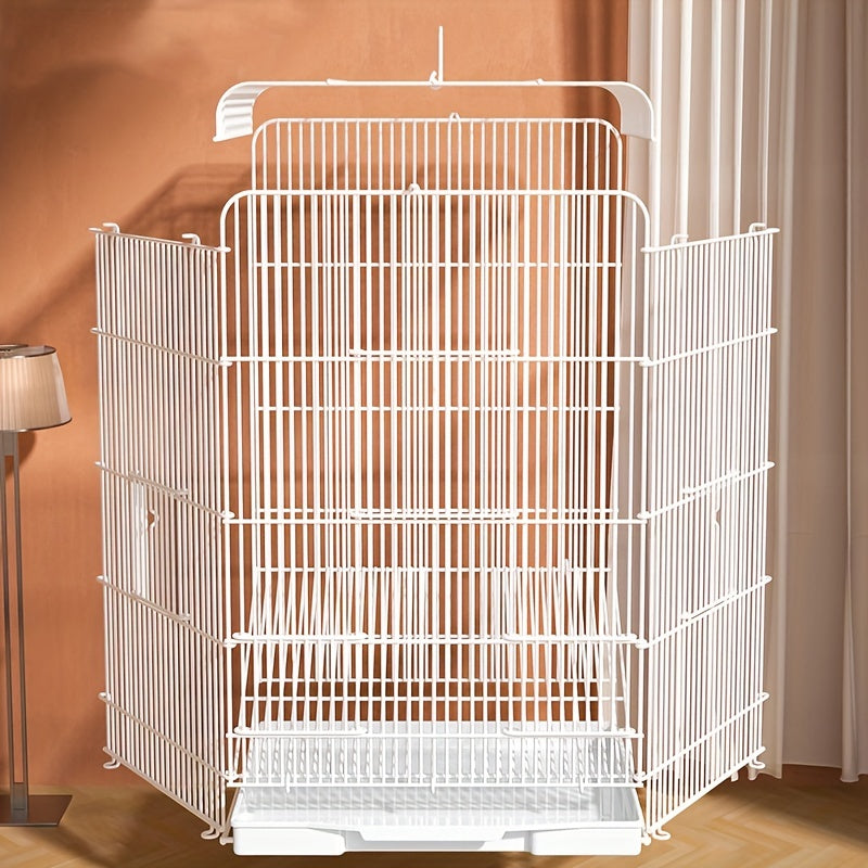 Large metal bird cage for parrots, budgies, and canaries. Spacious villa style with perches and accessories. Durable construction for indoor birds.