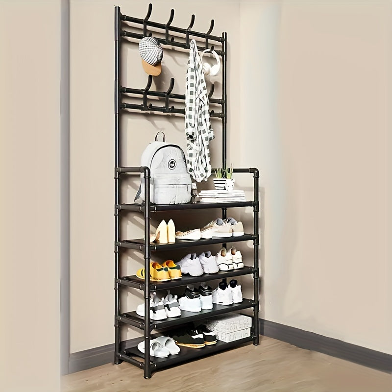 4-5 Tier Metal Shoe Rack with 8 Hooks - Stainless Steel, Multi-Functional Organizer for Home, Dorm, and Rental Spaces