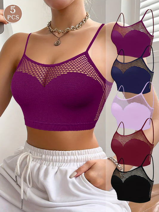 5-Pack of sexy cutout bras made of high support knit fabric (92% Polyamide, 8% Elastane), featuring a breathable seamless fishing net style with no padding or wires. Ideal for women.