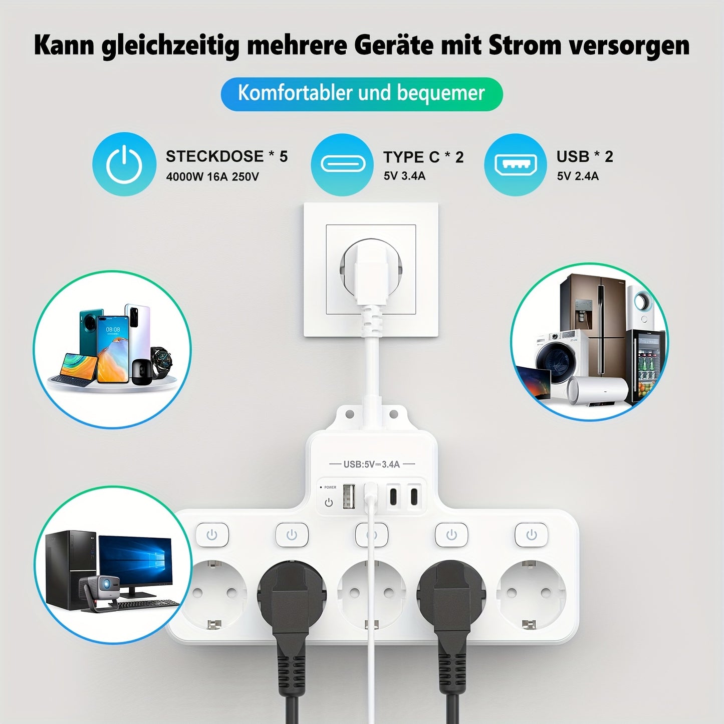 USB power board with multiple sockets and 5 compartments, includes USB and Type-C cables, switch socket adapter, for office, home, travel.