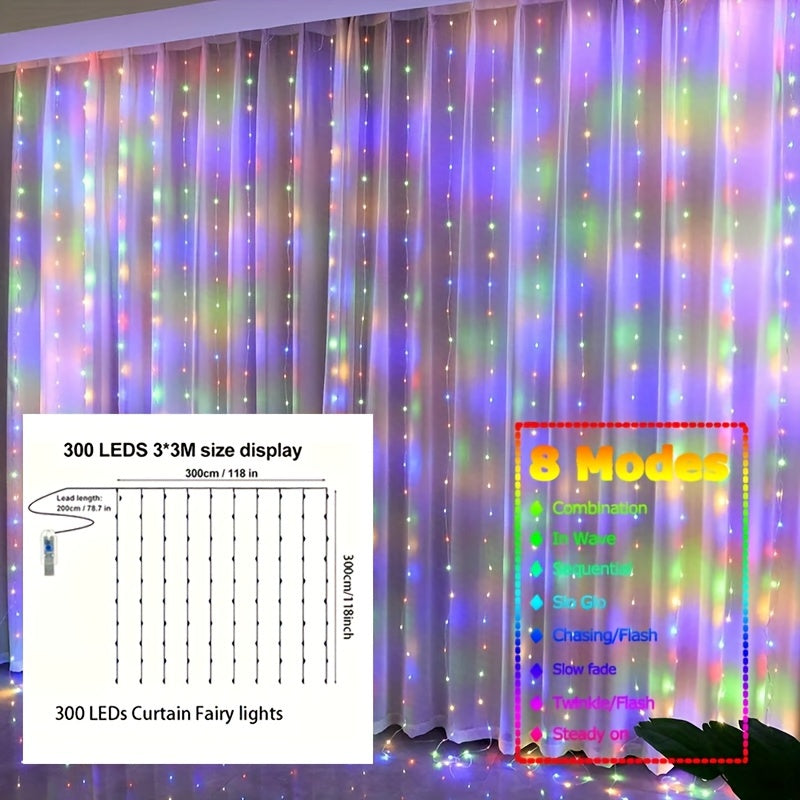 1pc Fairy Lights Curtain with 8 Modes Timer Remote, USB Lamps for Bedroom, Backdrop, Wedding, Party, Eid Al-Adha Mubarak.