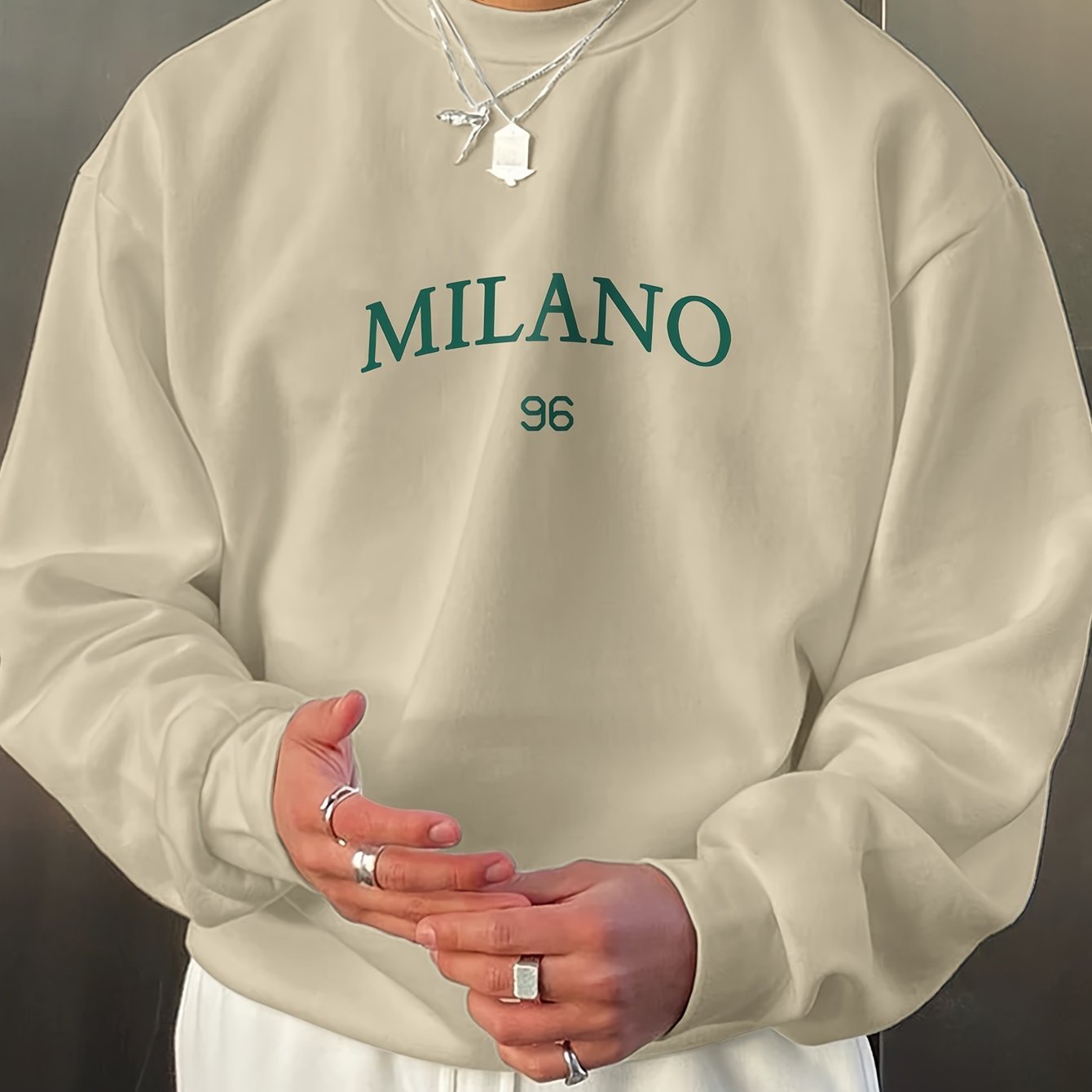 Milan 96 Graphic Crew Neck Sweatshirt for Men: Lightweight polyester blend, perfect for Spring/Summer, machine washable.