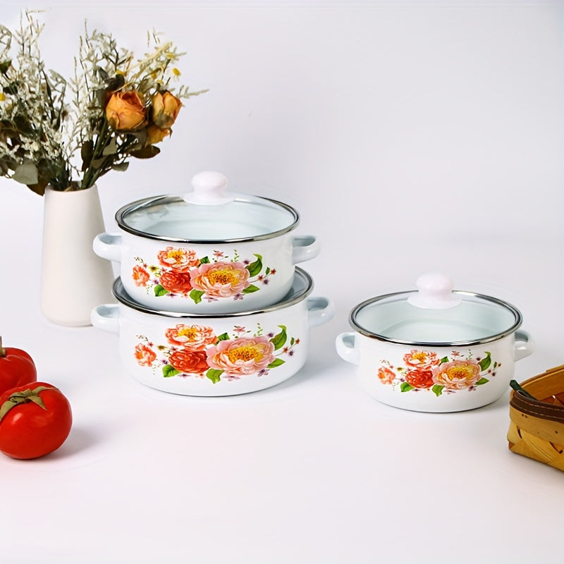 3-Piece Mini Enameled Pot Set with Glass Lids, Enamel Cookware Collection