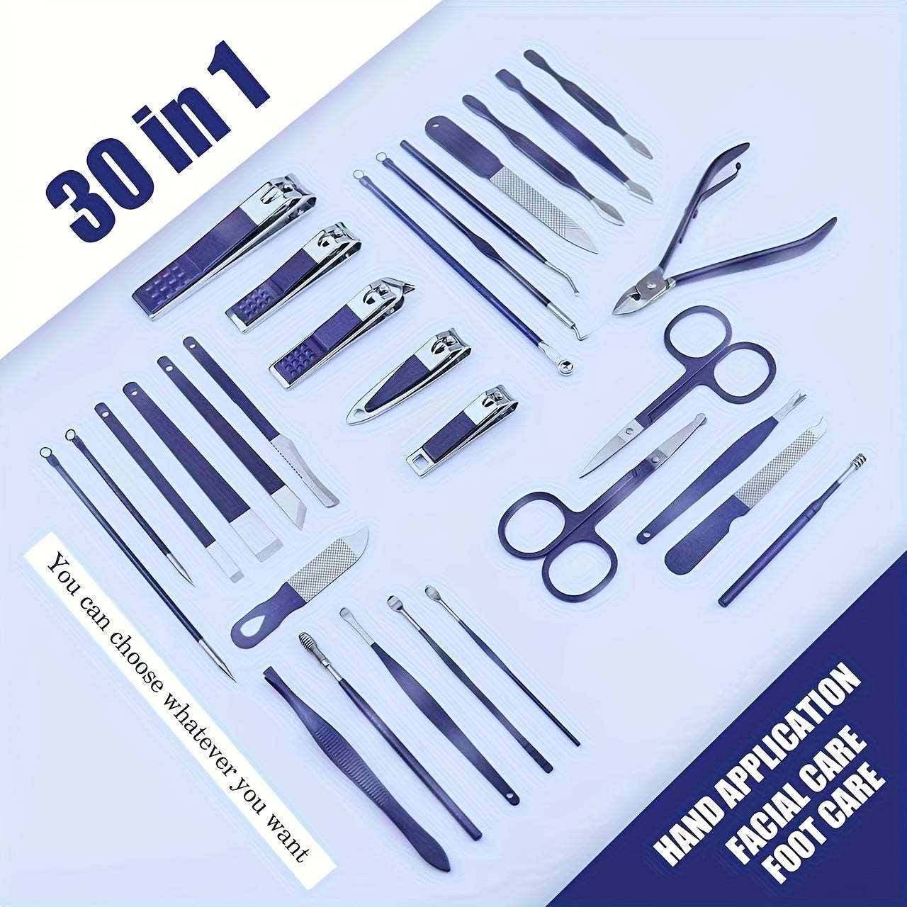 Deluxe 30-piece nail care set with stainless steel tools and rotating head in compact blue travel case. Ideal for manicures and grooming.