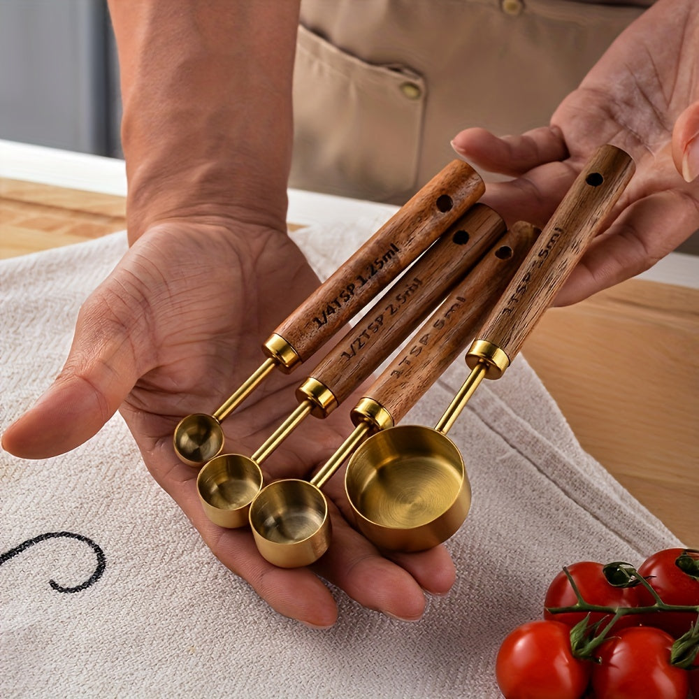 Set of 4 Kitchen Measurement Tools with Stainless Steel Metal and Wooden Handles