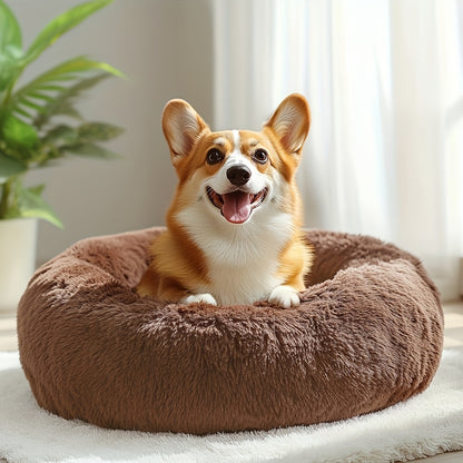 Cozy round pet bed for dogs, ideal for autumn and winter indoor sleeping.