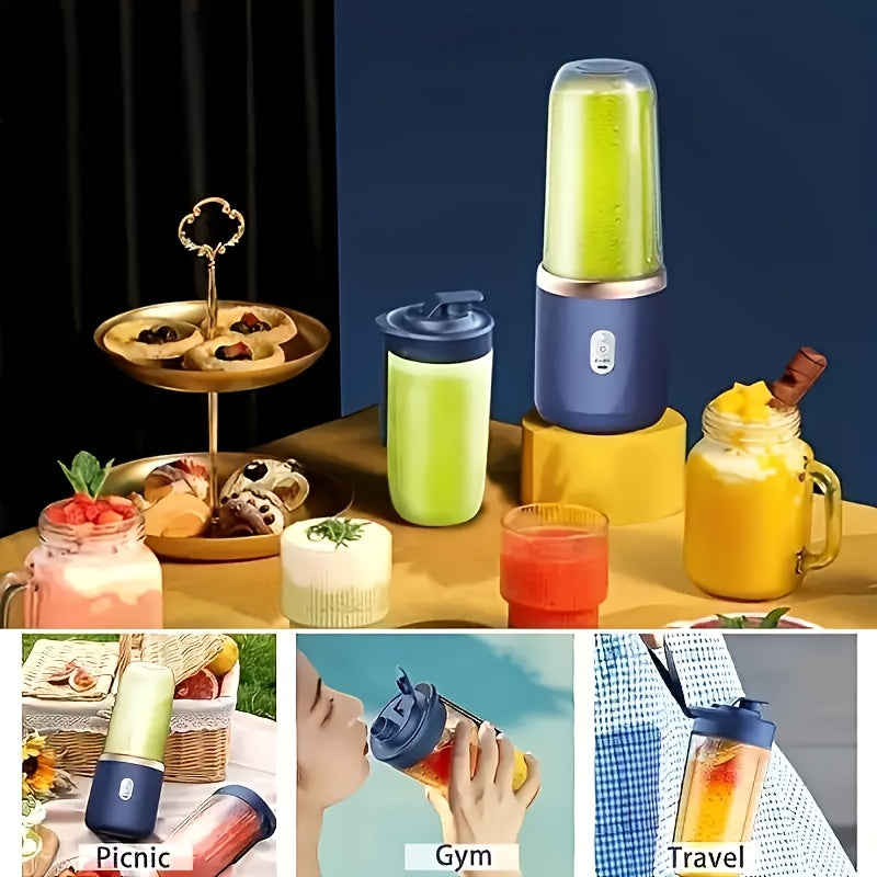 Portable personal fruit juicer with a removable 12.85 oz cup, USB rechargeable, made of food-grade material with 6 blades. Features button control, easy to clean, and mini electric blender perfect for use in the kitchen, office, or gym.