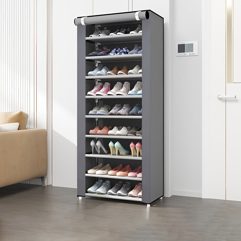 Metal shoe rack with dustproof cover, vertical storage, easy assembly, for entryway/bedroom/living room, lightweight under 13.61 KG, spacious capacity, weather-resistant, 68.58cm tall.