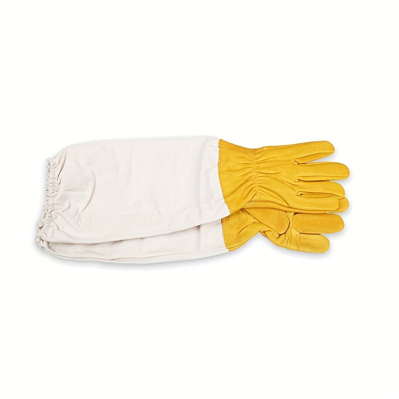 Beekeeping gloves with durable goatskin faux leather, ventilated long sleeves, elastic cuffs, and yellow palm protection