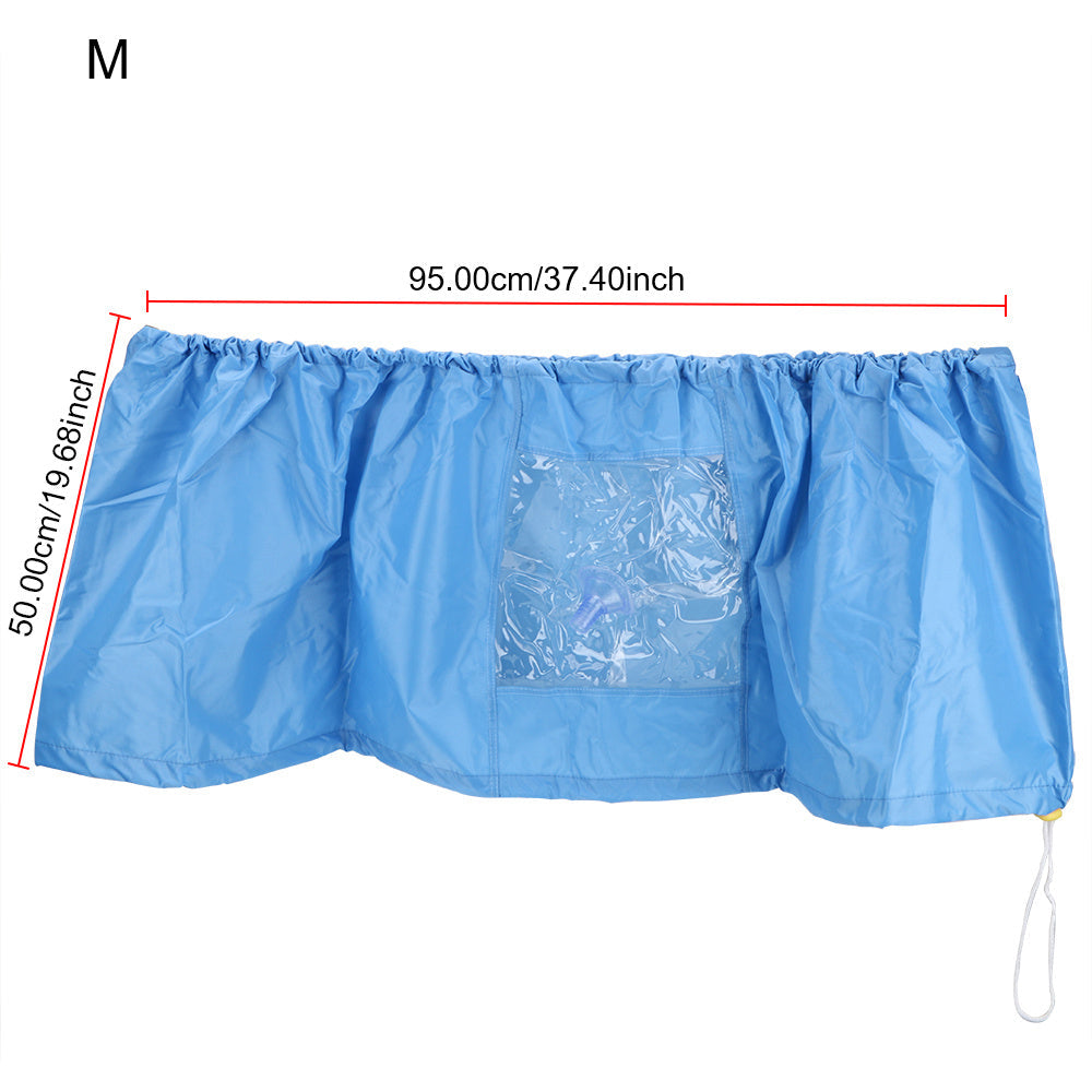 Blue Premium Air Conditioner Dust Cover designed for 1-3P Models with Outlet Pipe. It is washable, reusable, and includes a tightening belt for a secure fit.